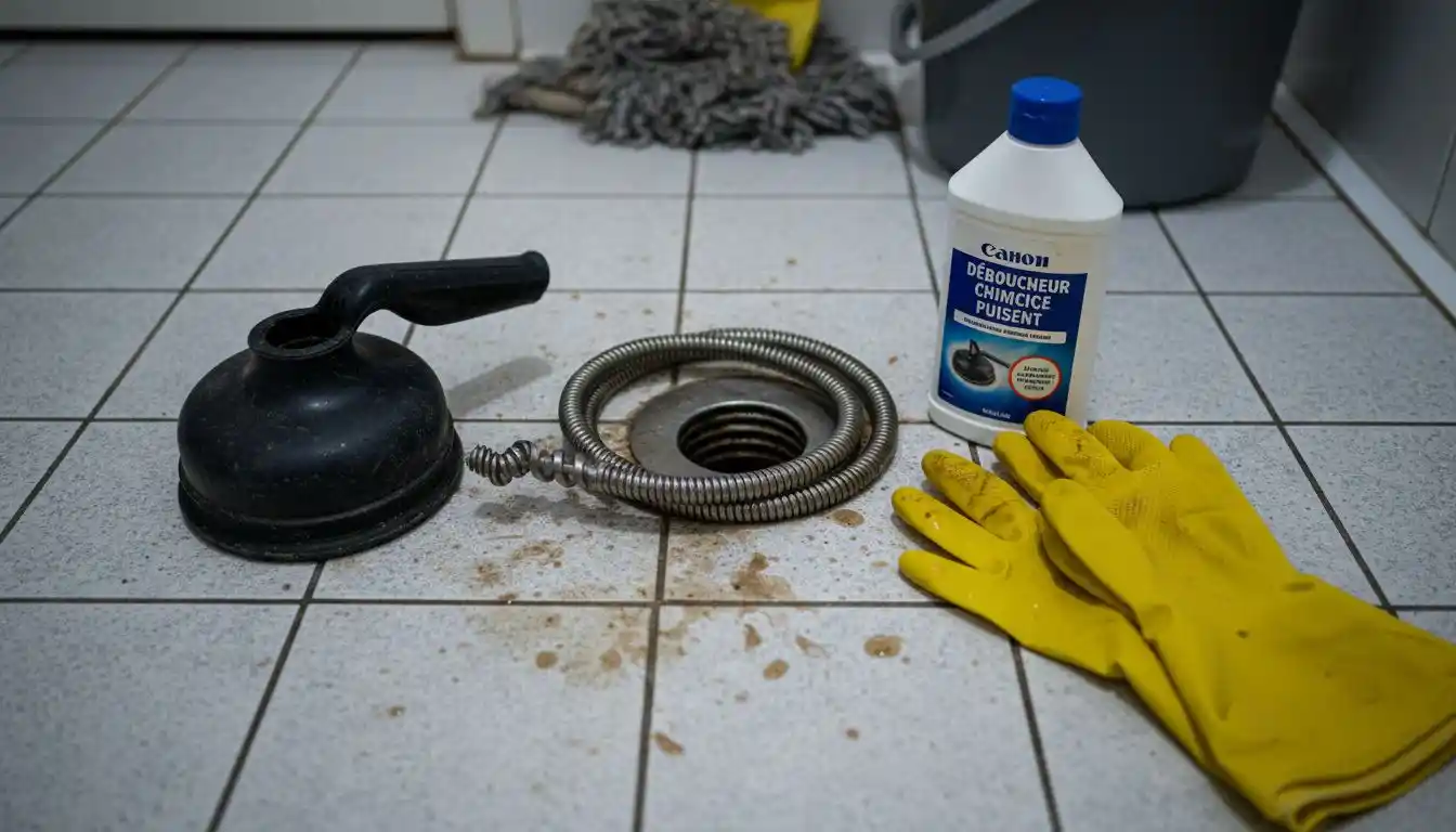 Des accessoires de débouchage sont disposés sur le carrelage de la salle de bain.