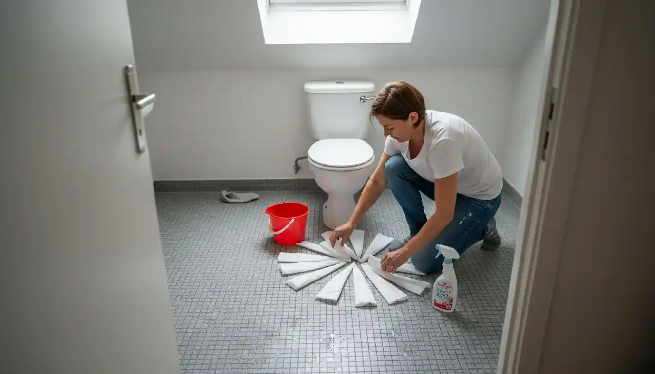 Avant de déboucher, une femme prend soin de protéger le sol de sa salle de bain.