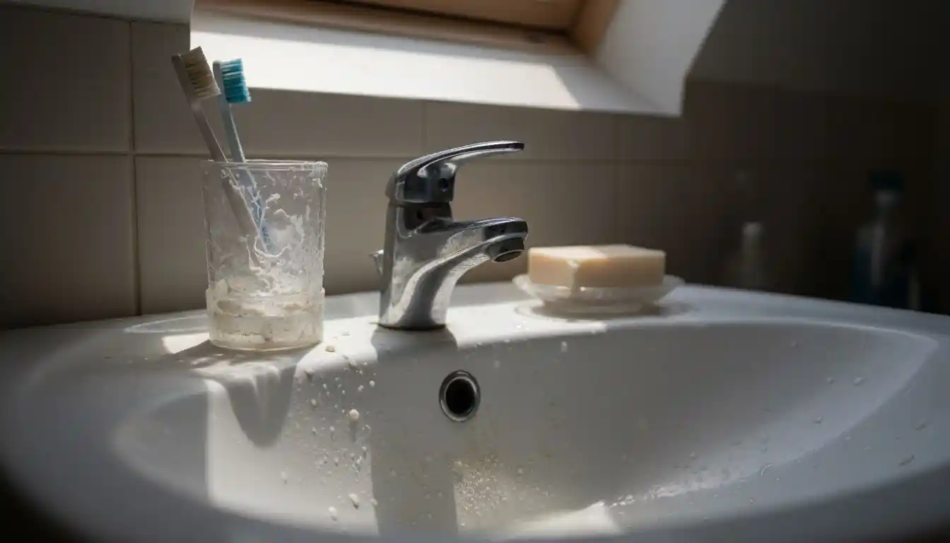 Des dépôts de calcaire sont clairement visibles sur le lavabo de la salle de bain.