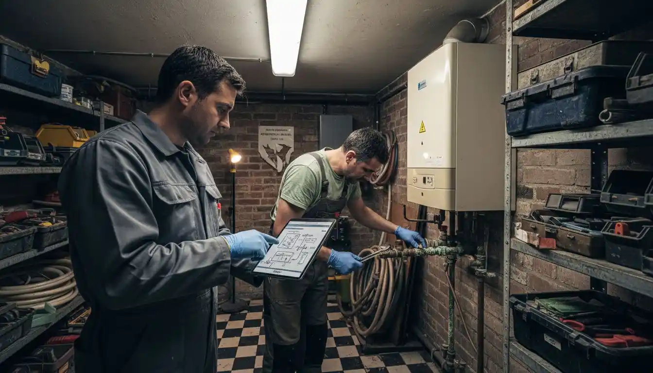 Deux plombiers effectuent la vérification d'une chaudière fixée au mur.
