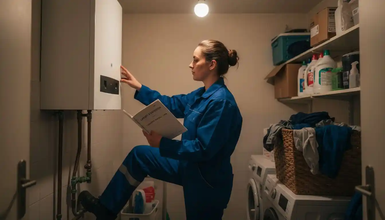 Une technicienne procède à l’entretien de la chaudière dans la buanderie.