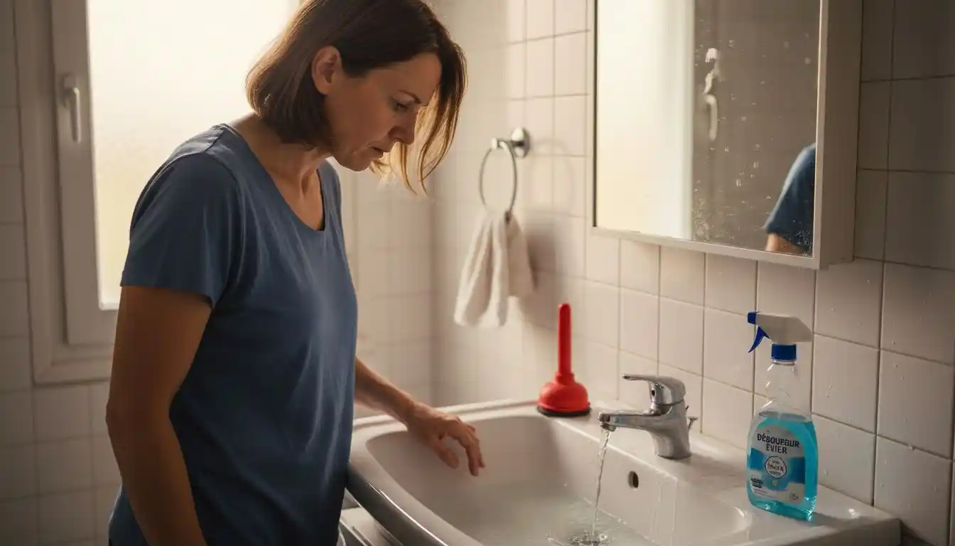 Une femme s'inquiète parce que l'eau de son lavabo de salle de bain s'écoule très lentement.
