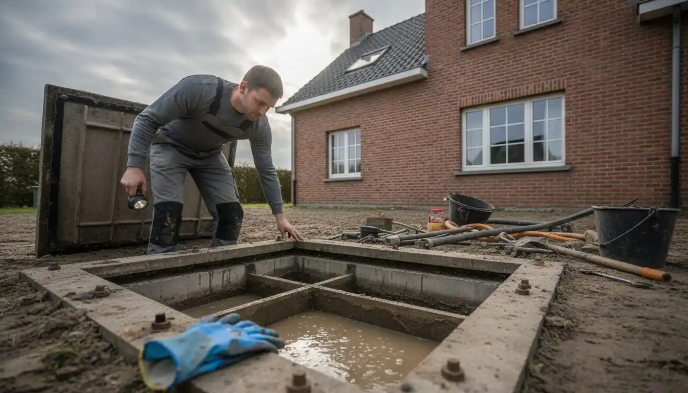 Un technicien procède à l’inspection de l’intérieur d’une fosse septique.