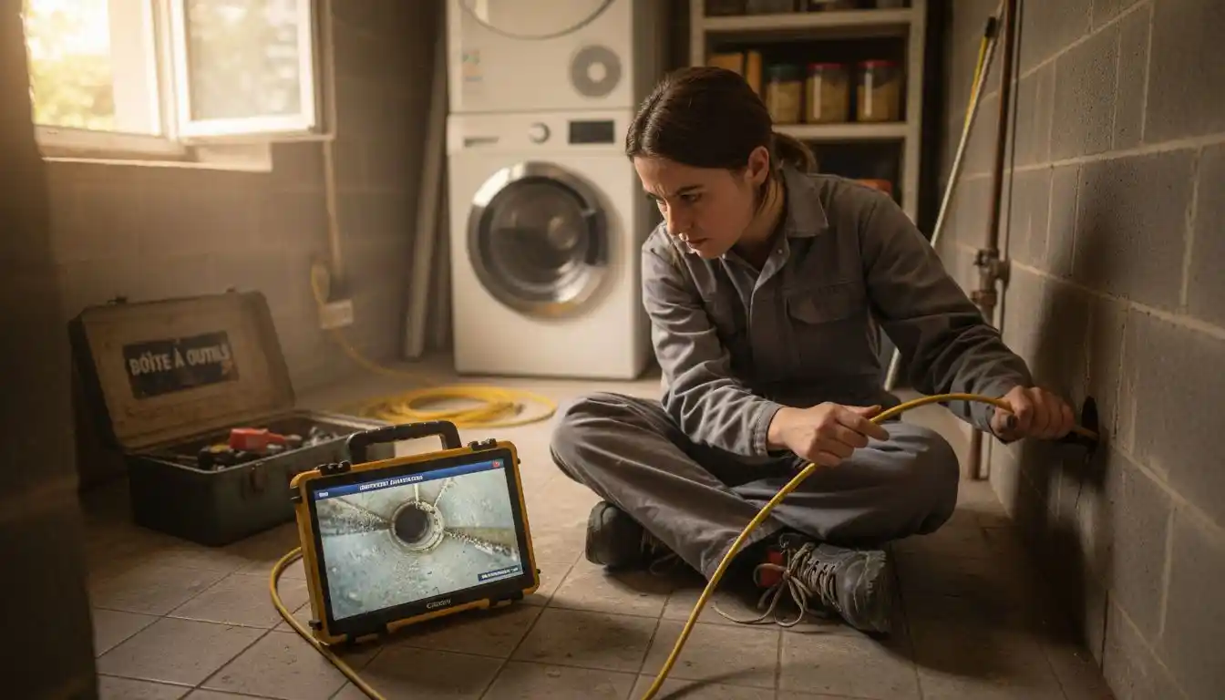 Un spécialiste procède à l’inspection des canalisations à l’aide d’une caméra vidéo.