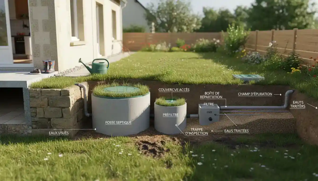 Schéma en coupe d’une fosse septique installée sous une maison typique en Belgique
