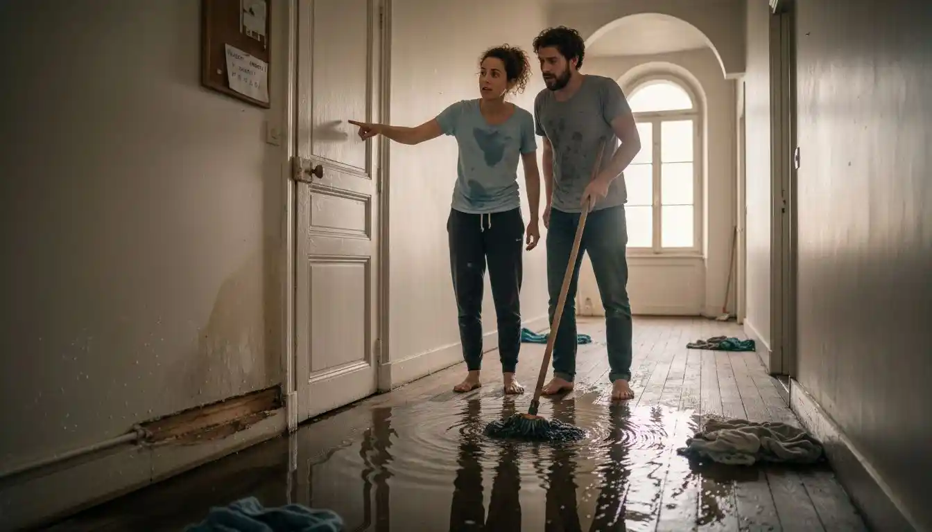 Un couple inquiet remarque de l’eau qui s’infiltre sur le sol.