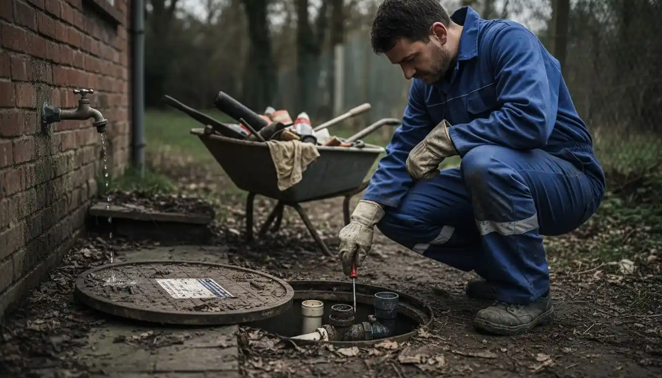 Un plombier effectue le contrôle des canalisations reliées à la fosse septique.