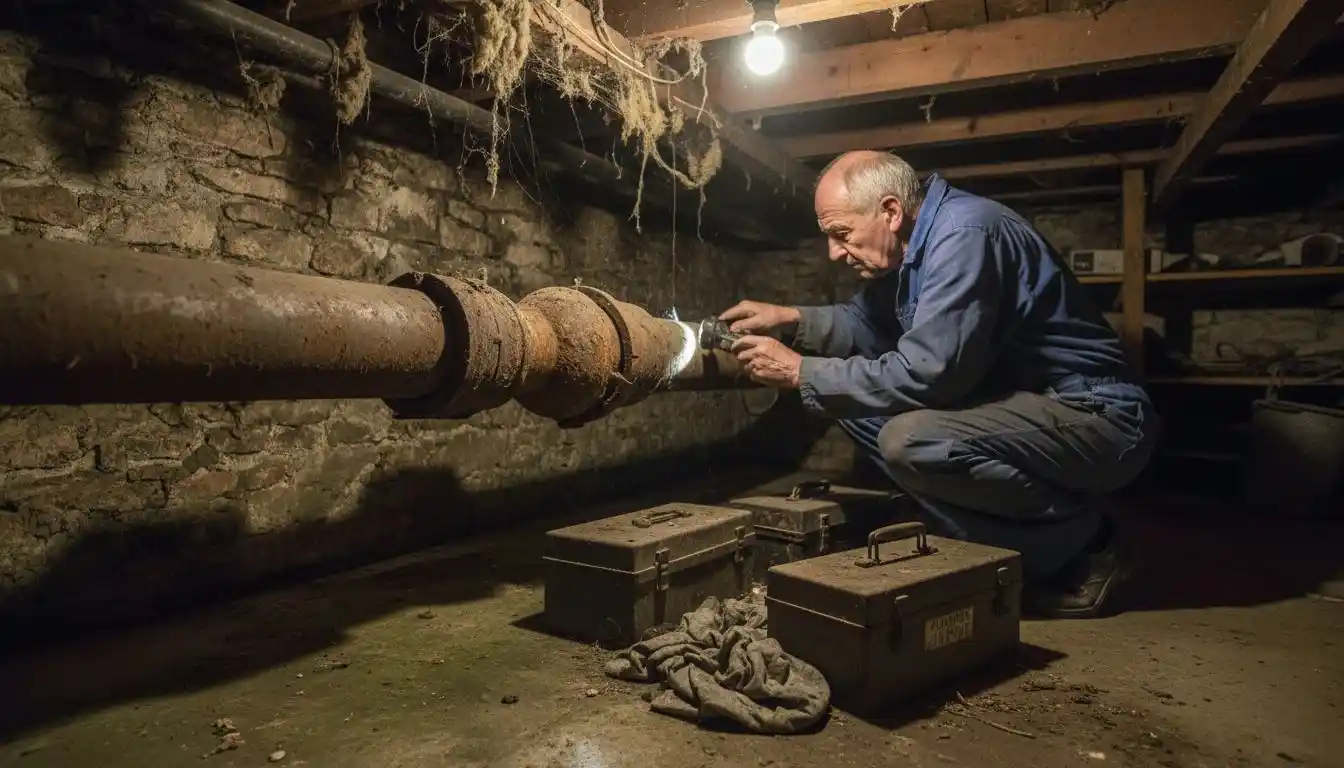 Un plombier examine une canalisation en fer rongée par la rouille dans une cave.