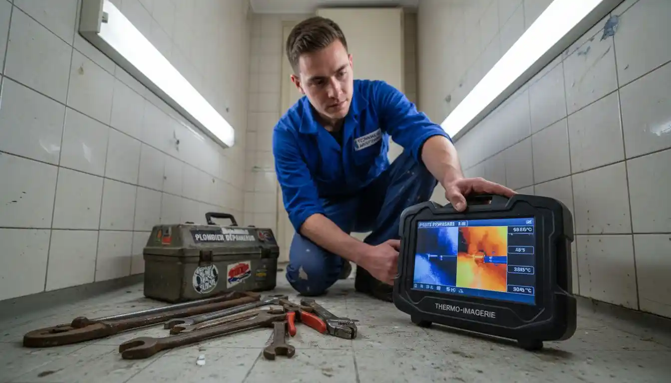 Un technicien examine le mur de la salle de bain à la recherche de fuites d’eau.