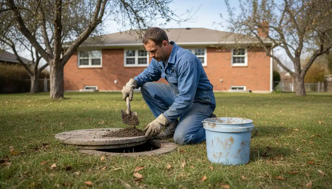 Un technicien examine une fosse septique ouverte à l’extérieur.