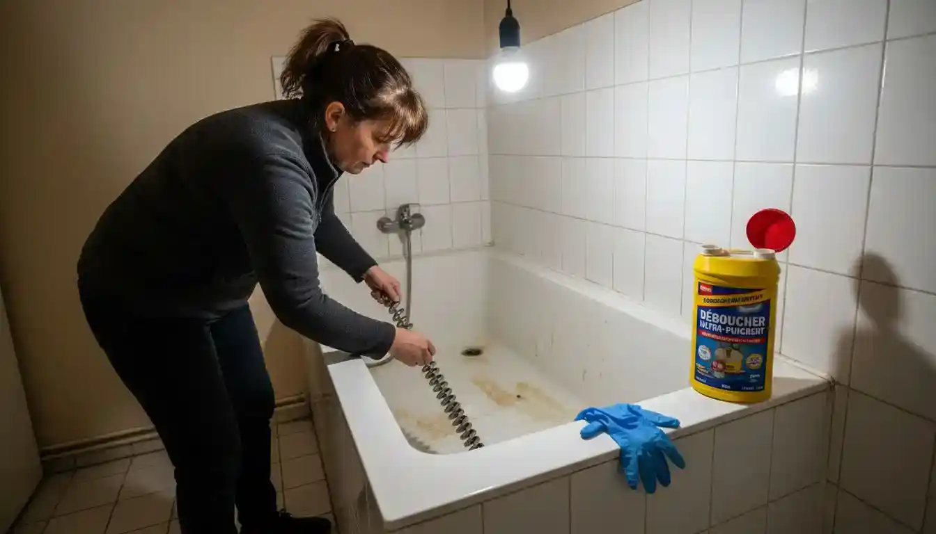 Une femme attrape un furet pour déboucher sa douche.