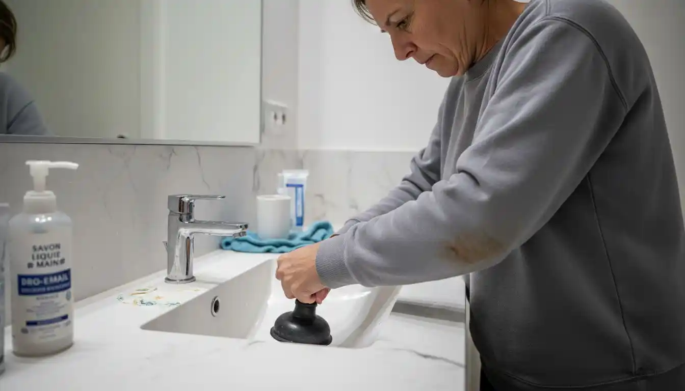 Une femme essaie de déboucher son évier à l’aide d’une ventouse.