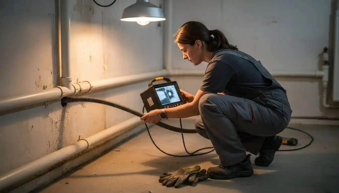 Une technicienne procède à l’inspection et au détartrage d’une canalisation en PVC.