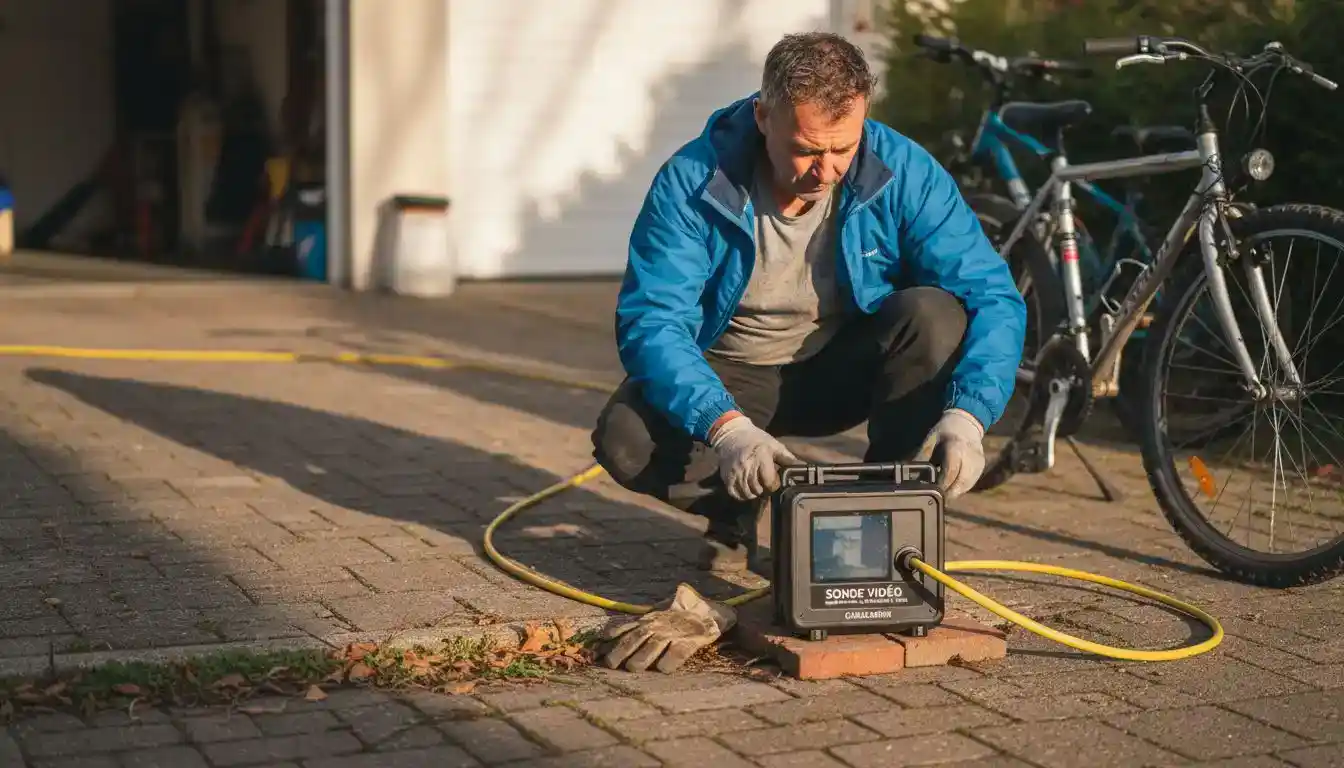 Un technicien se prépare à utiliser une caméra d’inspection pour contrôler des canalisations à l’extérieur.